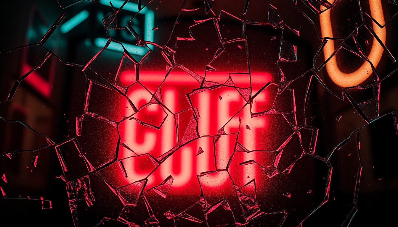 An extreme close-up of shattered glass and neon lighting, abstractly representing the gritty, neo-noir tone of the upcoming Cliff Booth sequel.