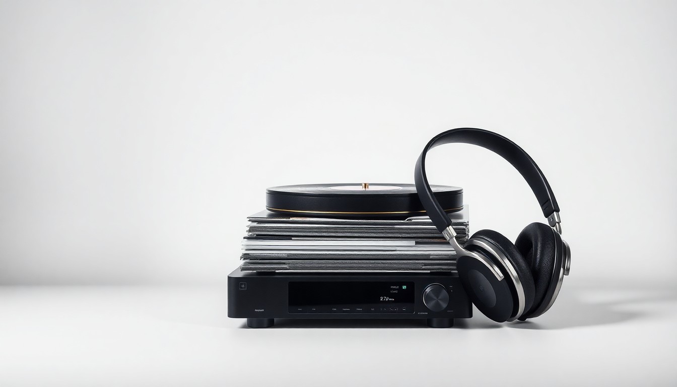 A photorealistic studio still life featuring a stack of vinyl records, a sleek music player, and a pair of high-end headphones arranged on a clean, monochromatic background, symbolizing the abstract business forces shaping the music industry.