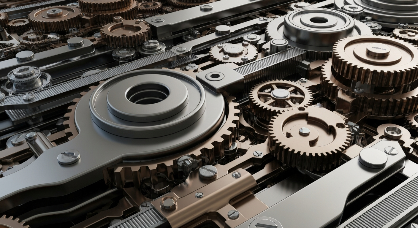 A highly detailed, cinematic close-up of complex, polished banking machinery and gears in shades of steel grey, bronze, and chrome, conceptually representing the institutional power and financial infrastructure of a major technology corporation.