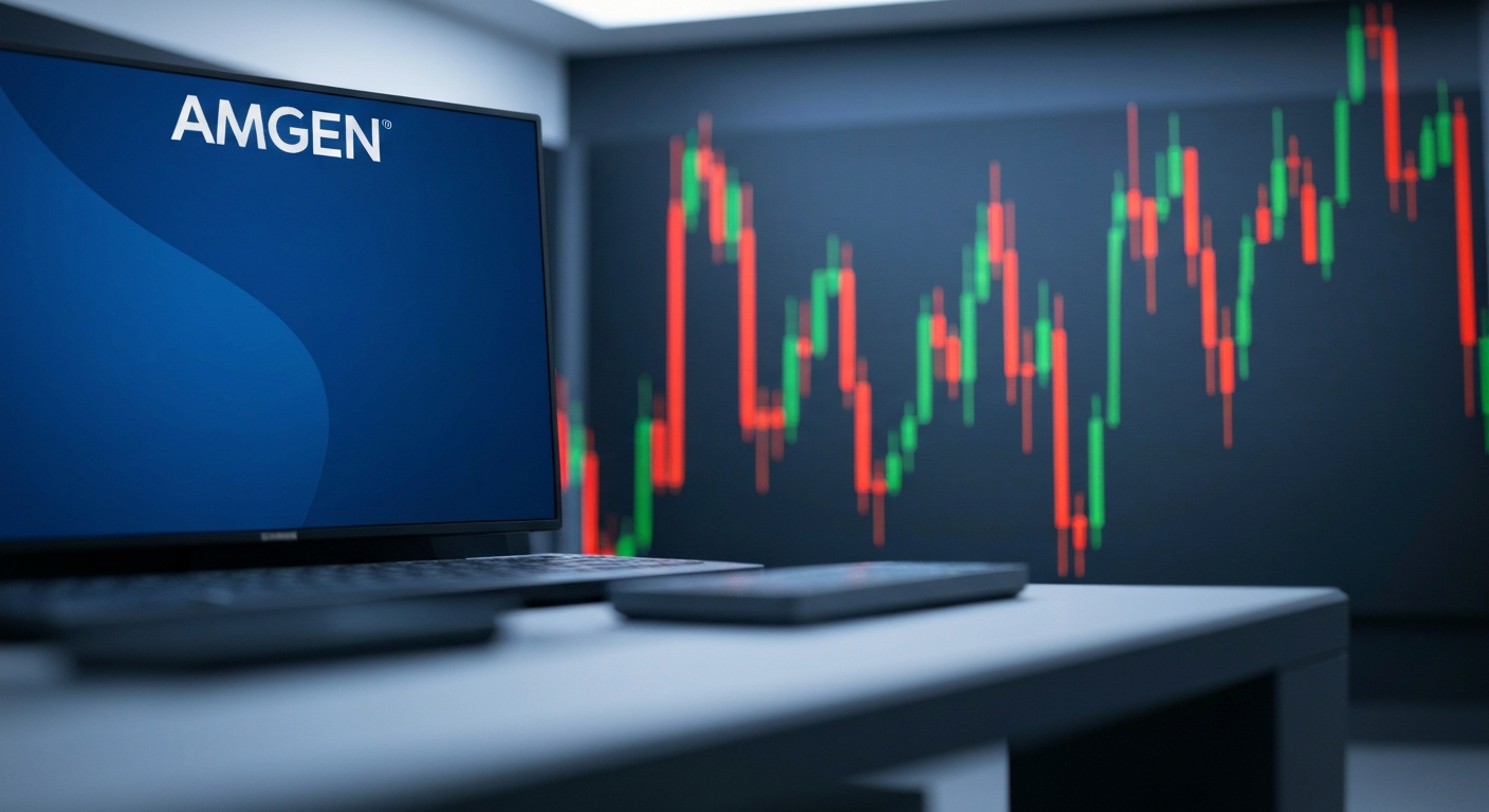 An extreme close-up of intricate, metallic banking equipment and machinery, conveying the complex financial infrastructure underlying Amgen's stock performance.