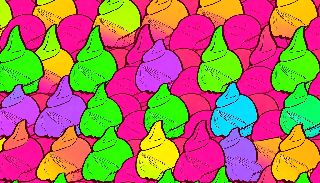 A bold, vibrant silkscreen print featuring multiple identical images of a single ice cream scoop in bright neon colors, conceptually representing the wide variety of Great Value ice cream flavors.