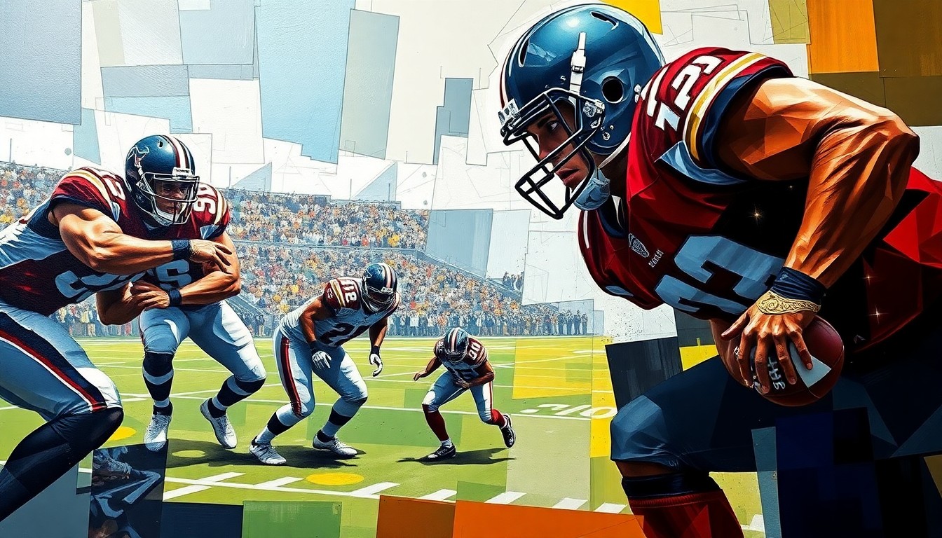 A cubist-style painting depicting a football player in action, with their body broken down into sharp, overlapping geometric shapes and planes, conveying the complex dynamics at play as the Giants navigate a star player's contract dispute.