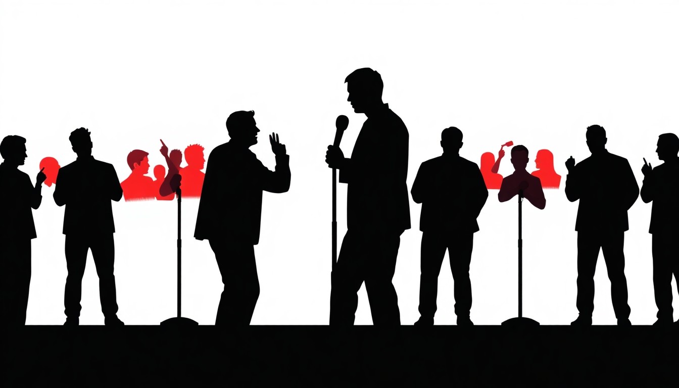 A striking black and red abstract illustration featuring jagged geometric shapes and silhouettes, conceptually representing the controversy and backlash surrounding a stand-up comedian's upcoming performance in a community they previously mocked.