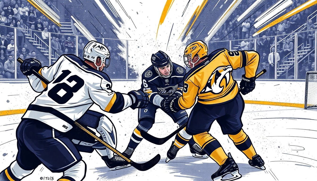 A vibrant, cubist-style painting depicting the intense action and competition of a hockey game, with sharp geometric shapes and planes of color representing the players, the puck, and the fast-paced back-and-forth of the game.
