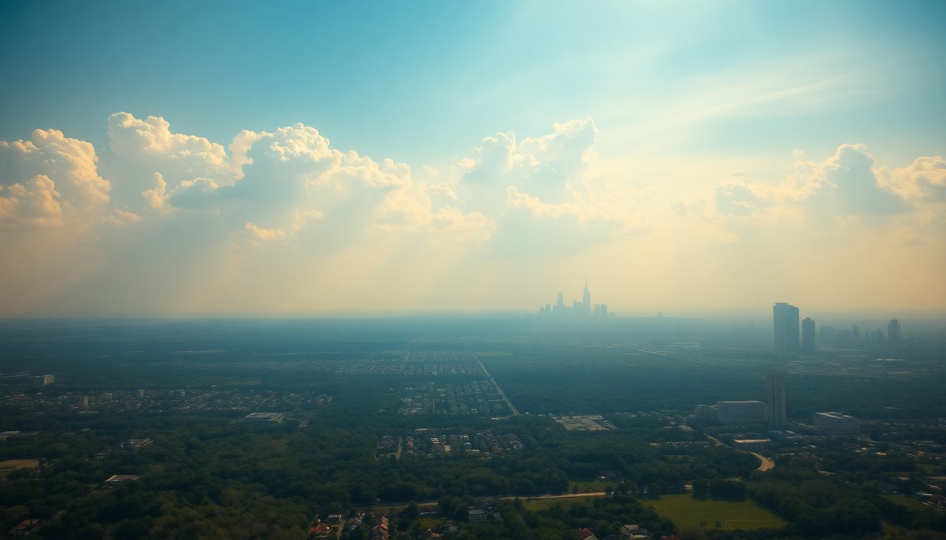 A vast, majestic landscape painting depicting the Houston skyline dwarfed by an expansive, cloudless sky, conveying the sublime scale of the natural world on a clear spring day.