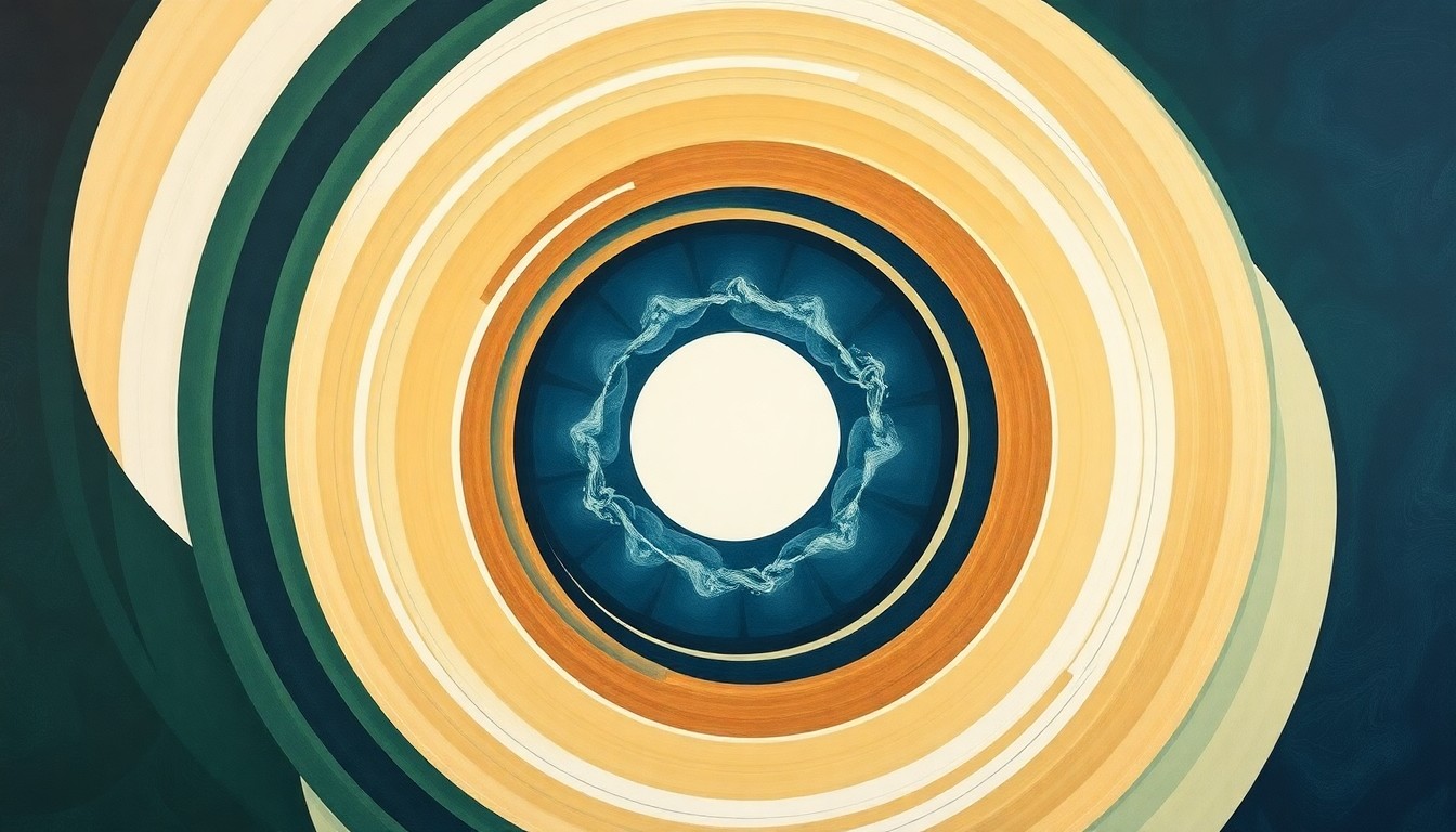 A bold, abstract painting in earthy greens, ochres, and navy blues depicting a highly structured, geometric composition of sweeping arcs, concentric circles, and precise spirals, representing the microscopic 3D-printed drug carriers surrounding and penetrating a tumor, conveying the structural precision and targeted nature of this new cancer treatment technology.