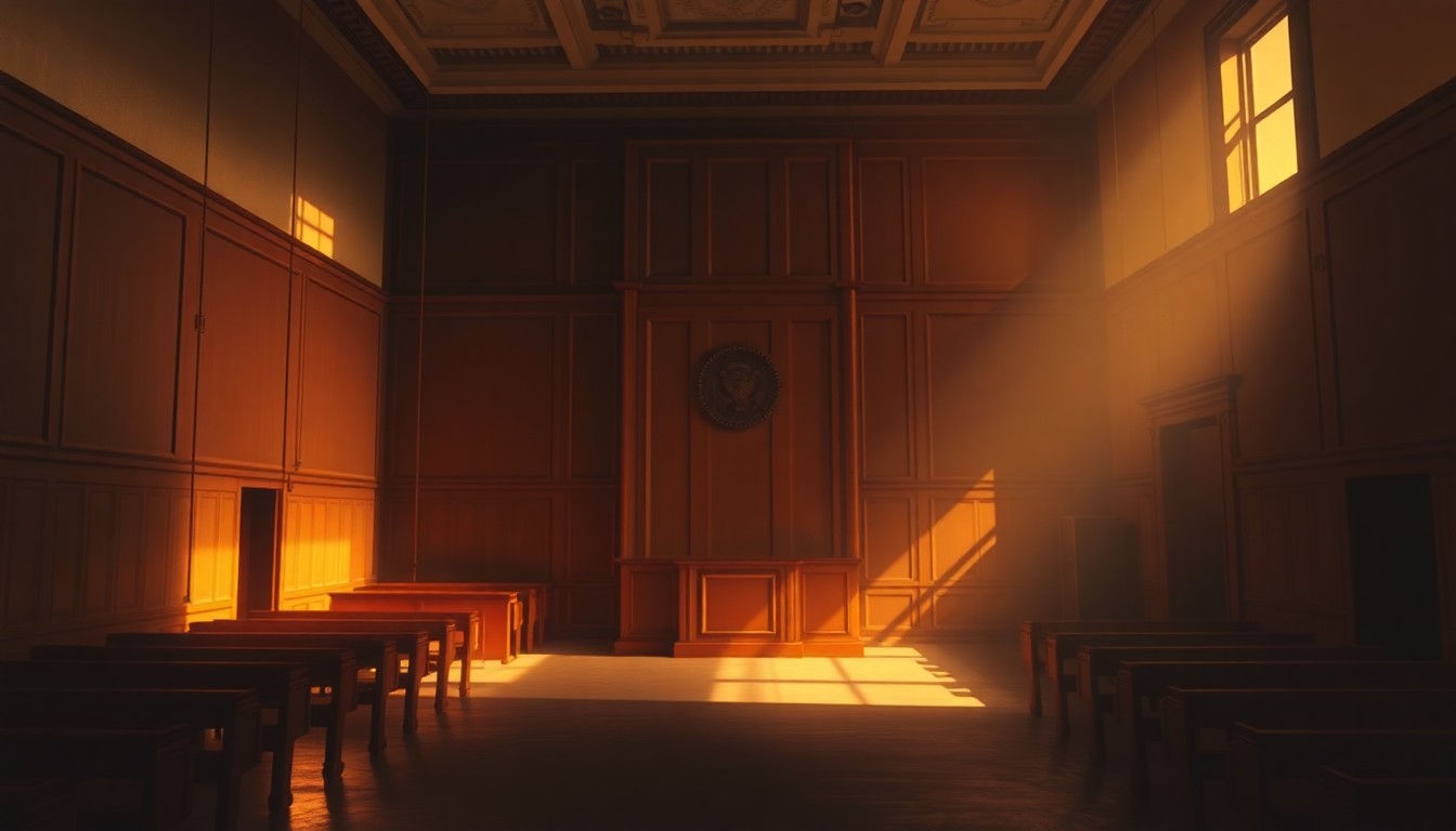 A cinematic painting of an empty courtroom with warm, diagonal sunlight and deep shadows, conveying the somber mood of the family law dispute.
