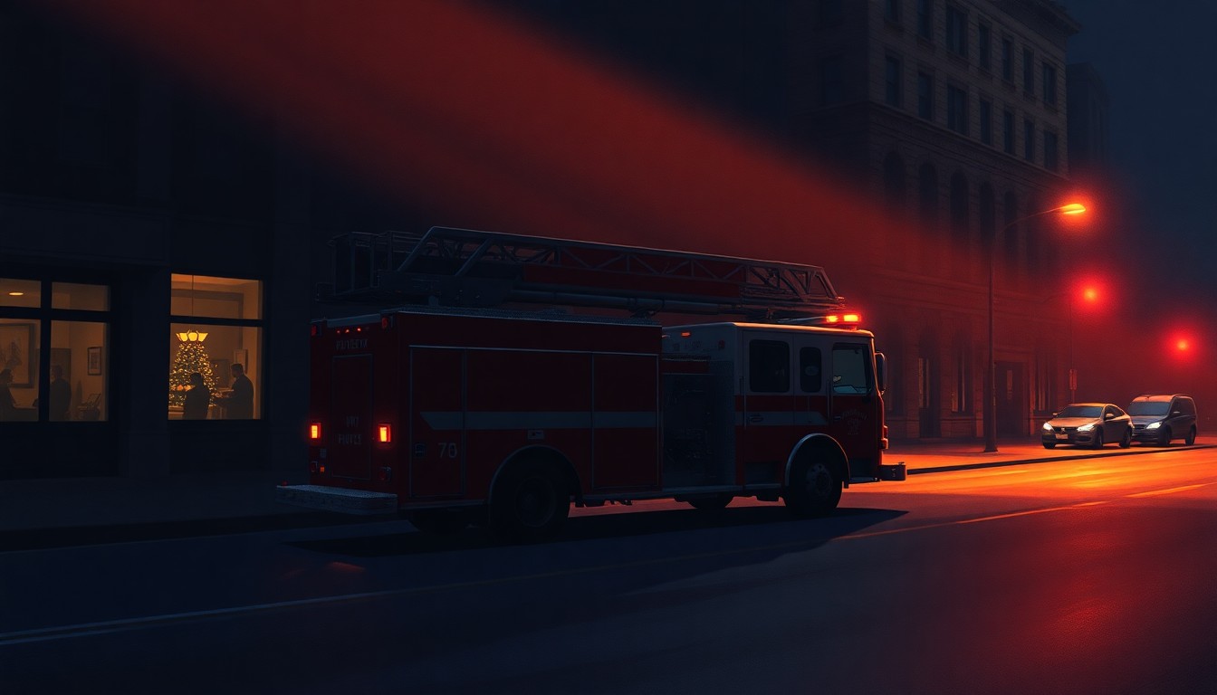 A photorealistic painting of a solitary fire truck parked on a dimly lit city street, with warm sunlight casting long shadows across the scene, conveying a sense of quiet contemplation about the challenges facing the local fire department.