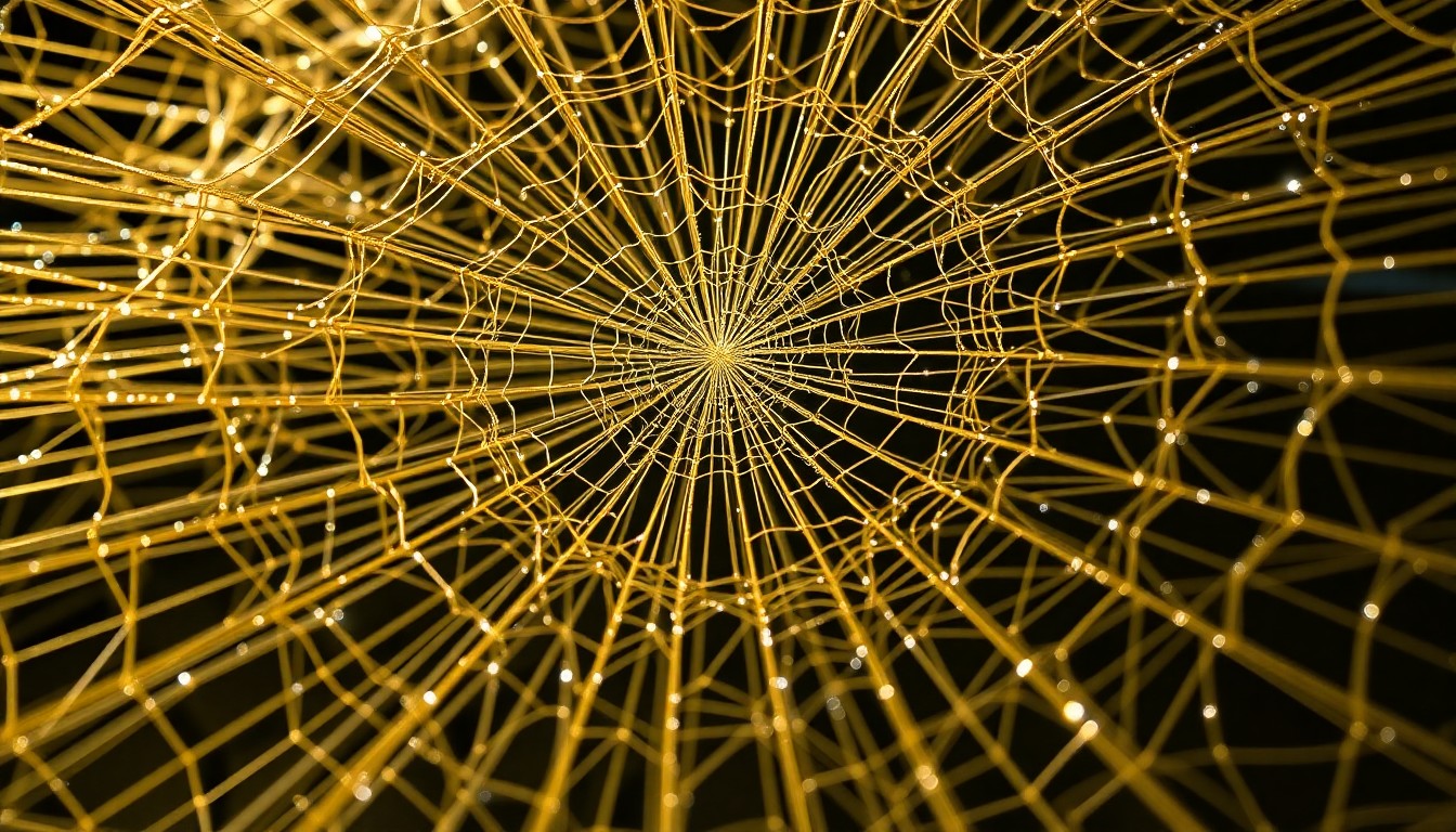 An extreme close-up of a complex spider web made of shimmering golden threads, conveying the delicate yet powerful essence of Louise Bourgeois's sculptural work.