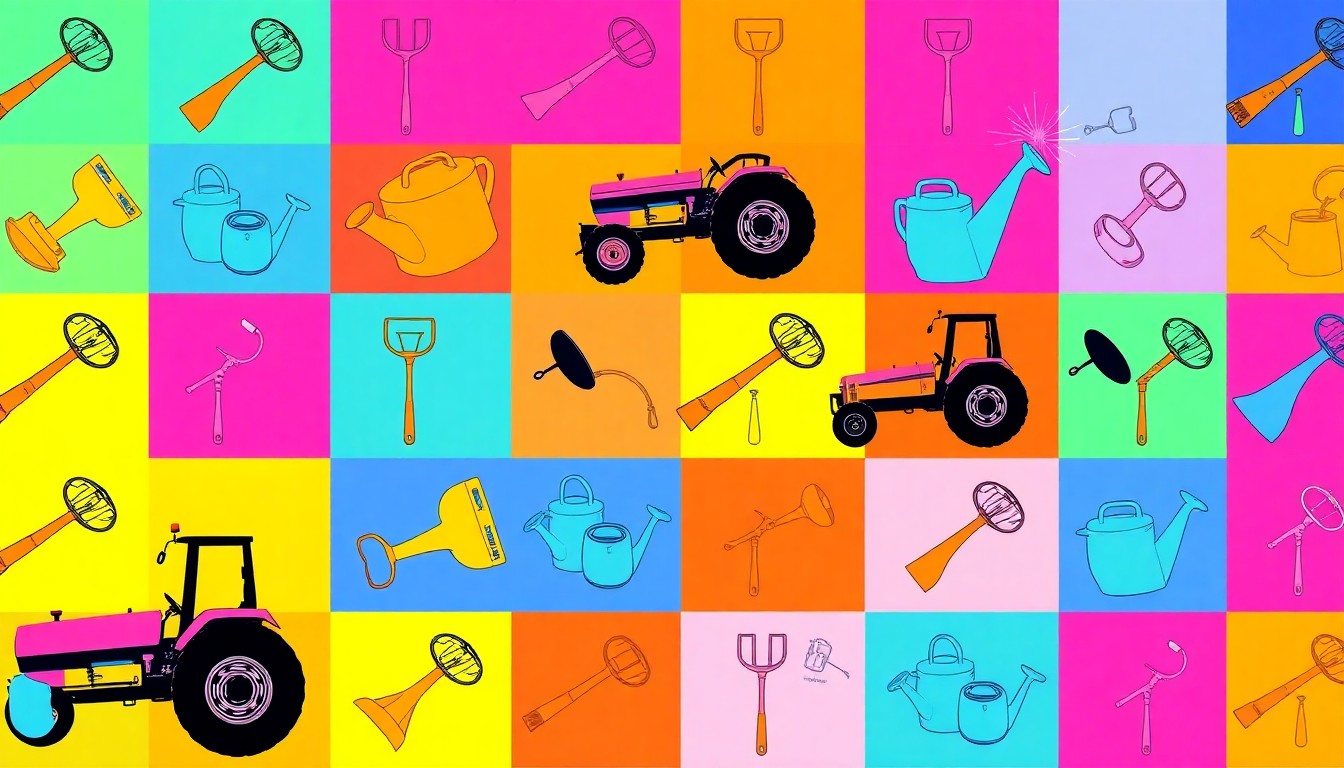 A grid of brightly colored, high-contrast silkscreen images of a single farming tool, such as a pitchfork or watering can, conceptually representing the vital role of agricultural equipment in supporting local food production.
