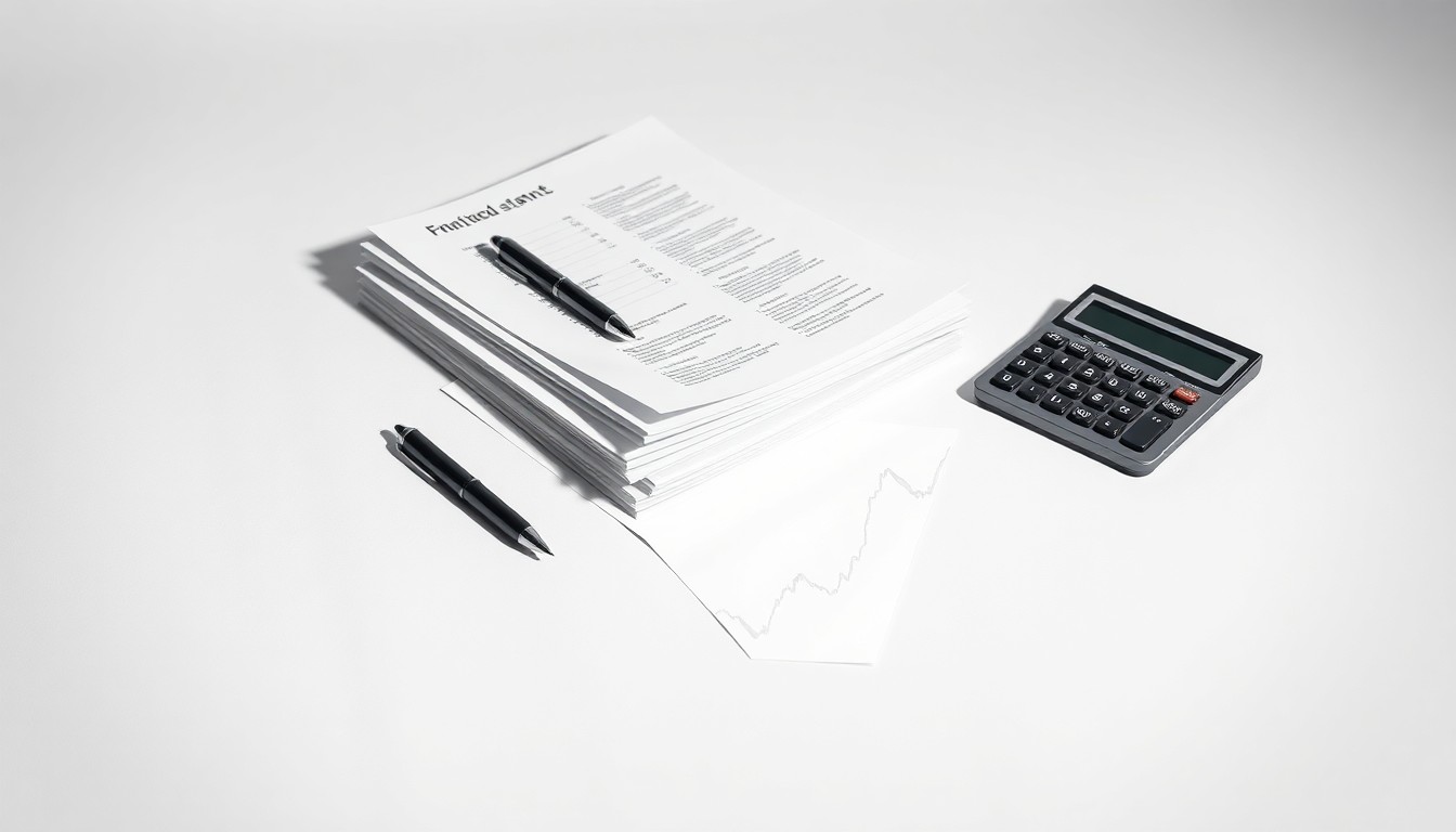 An abstract studio still life featuring a stack of financial documents, a pen, and a calculator arranged elegantly on a clean, white background, conveying the conceptual themes of corporate strategy and financial risk.