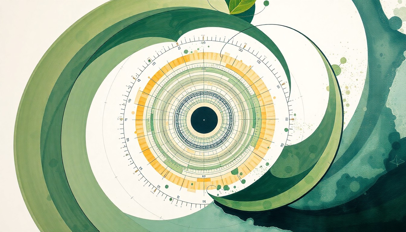 A bold, abstract painting featuring sweeping geometric arcs, concentric circles, and precise botanical spirals in soft, earthy tones of green, blue, and ochre, conceptually representing the complex scientific forces and intelligent design behind Pluristyx's iACT Stealth technology for autoimmune cell therapies.