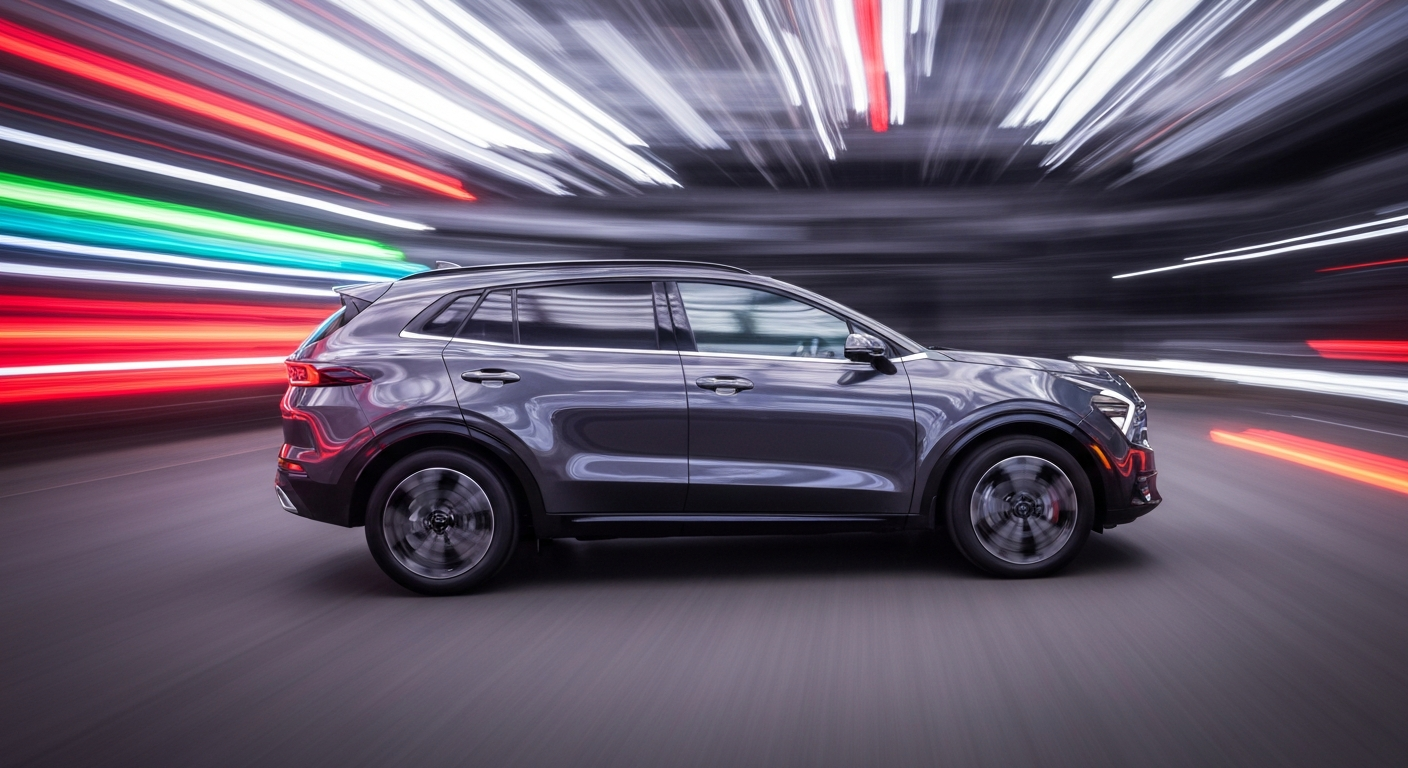 An abstract, colorful image created through motion blur, depicting a Kia Sportage Hybrid SUV in dynamic, sweeping brushstrokes that convey a sense of speed and modern engineering.