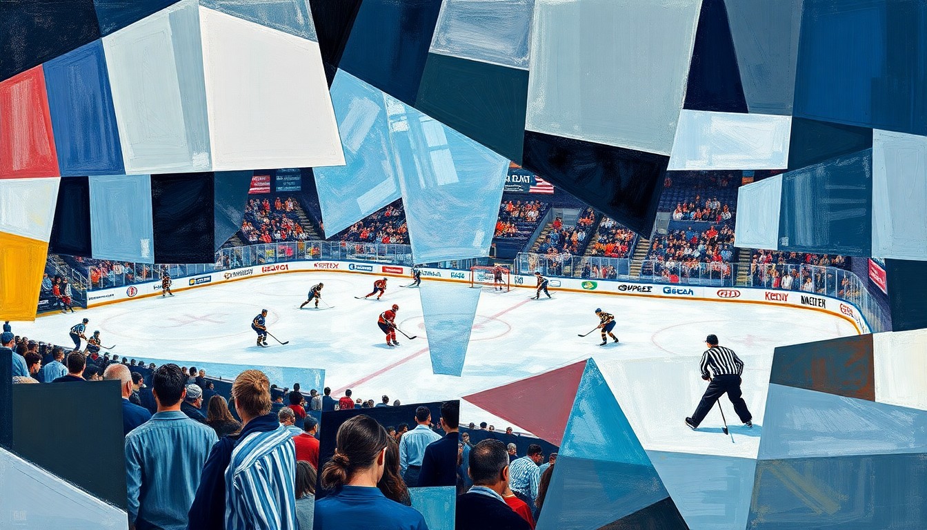 A cubist, geometric painting depicting a hockey game or match, with the players and action broken down into sharp, overlapping planes of color and shape, conveying the intensity and dynamism of the sport.
