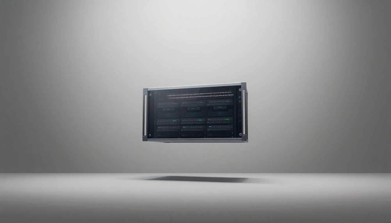 A photorealistic studio still-life image of a sleek, modern data server rack made of polished steel and glass, floating on a clean, monochromatic grey background with dramatic studio lighting casting deep shadows.
