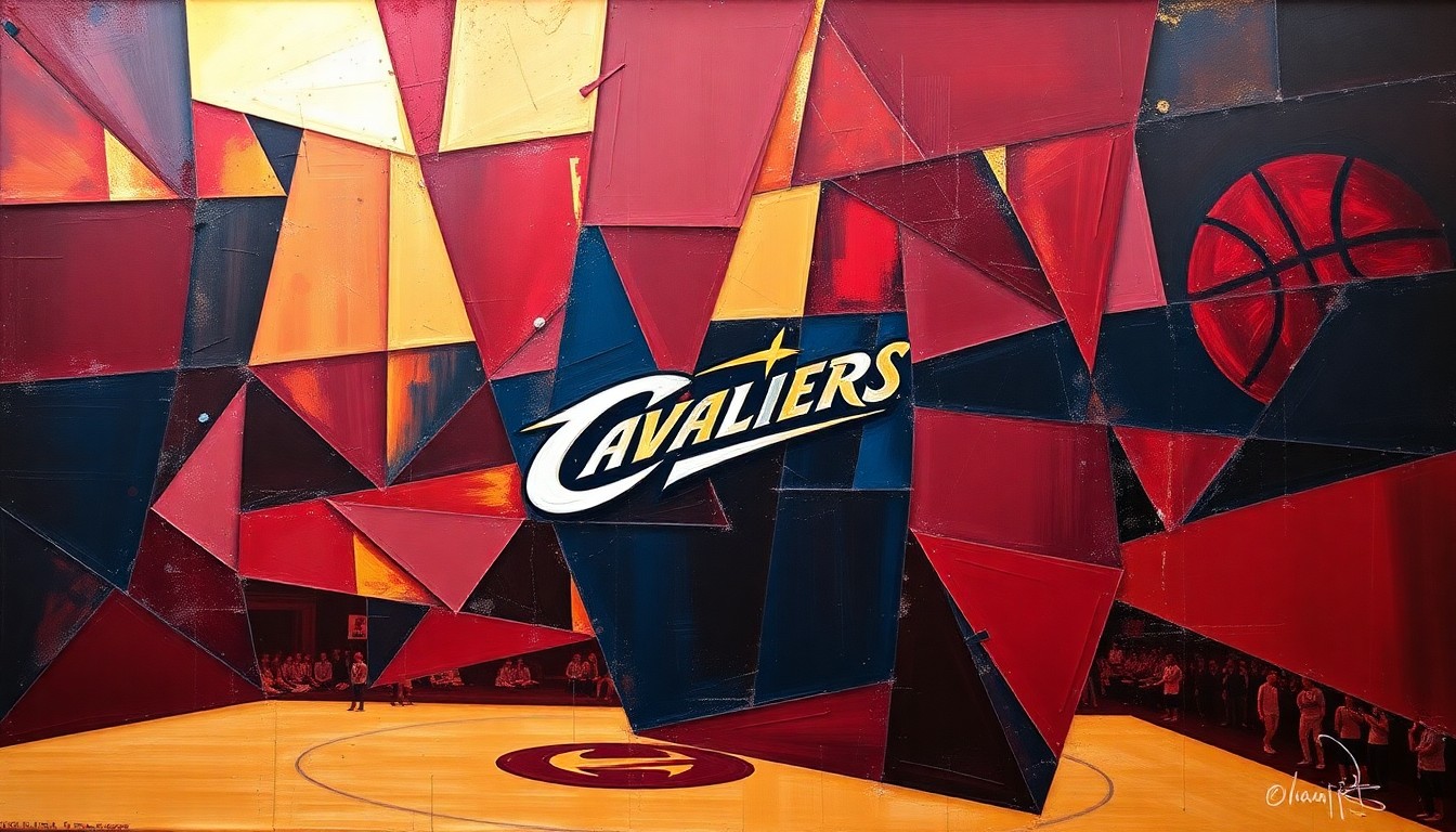 A fragmented, geometric painting depicting a Cleveland Cavaliers basketball game, with sharp planes of red, blue, and gold overlapping to capture the team's sustained excellence.