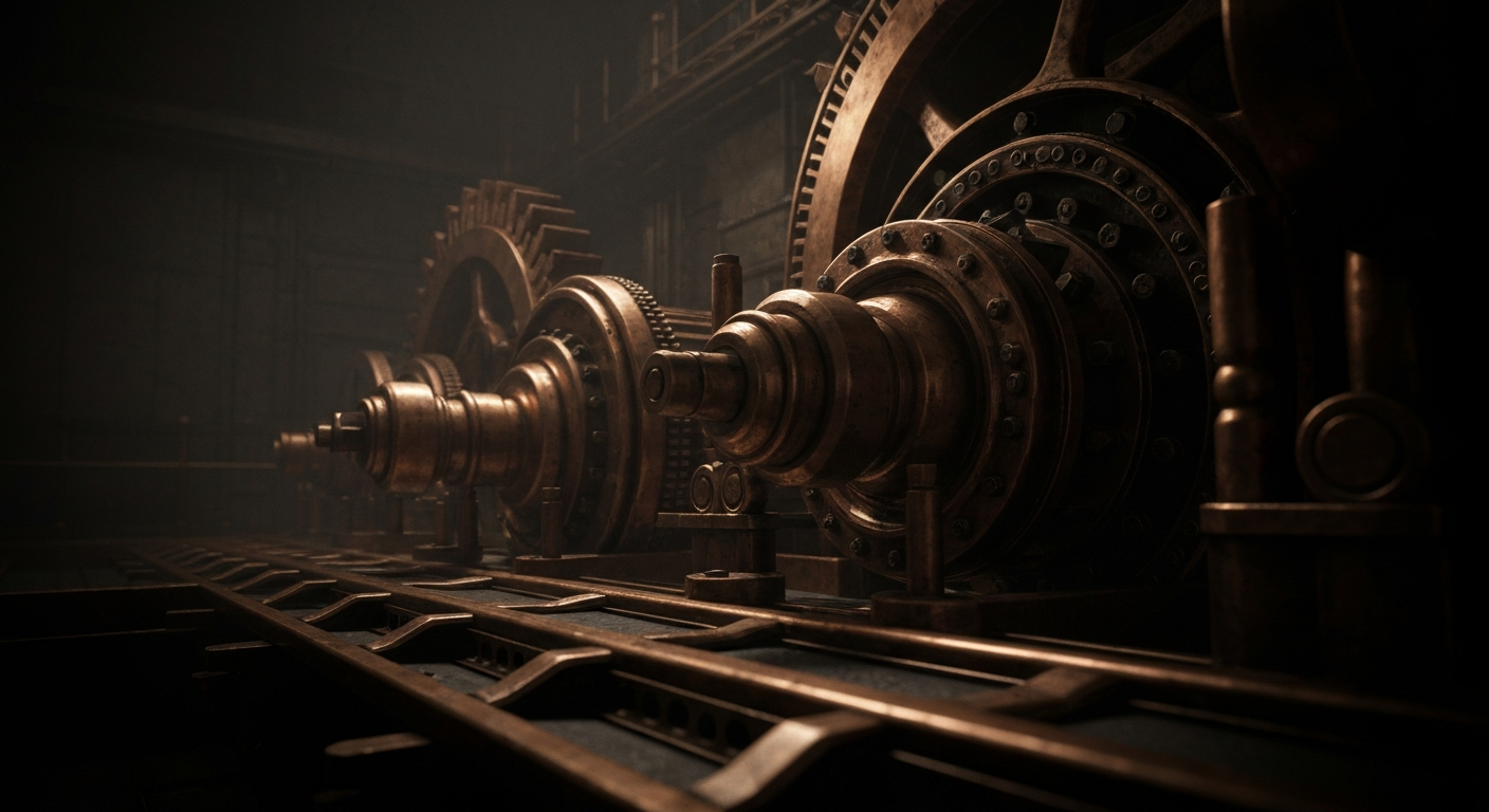 An extreme close-up of intricately engineered banking and computing hardware, conveying the technical complexity and institutional power of the financial markets.