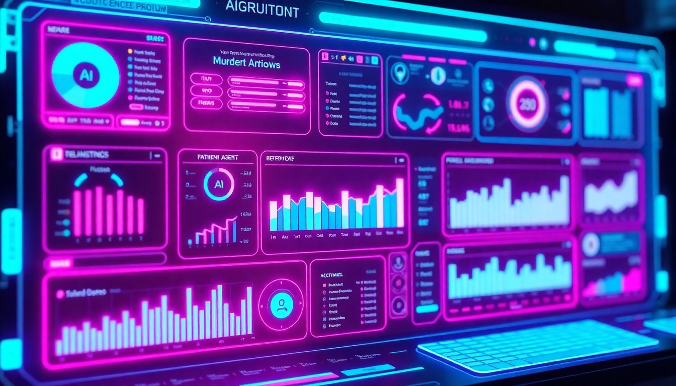 A highly detailed 3D illustration of a glowing, futuristic AI recruiting platform interface, with neon cyan and magenta lights illuminating various data visualizations, talent profiles, and autonomous agent workflows, conceptually representing the advanced technology powering the next generation of talent acquisition.