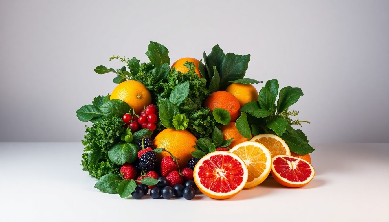 A high-end, photorealistic studio still-life photograph featuring a carefully arranged composition of premium, polished produce items such as citrus fruits, berries, and leafy greens, all set against a clean, monochromatic background with dramatic lighting and deep shadows.