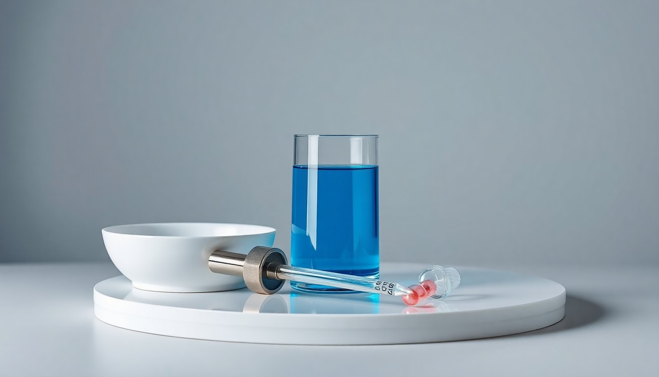 A photorealistic studio still life featuring a glass beaker, metal pipette, and minimalist white laboratory dish, arranged elegantly on a clean, monochromatic grey background to symbolize the abstract concepts of scientific discovery and pharmaceutical innovation.