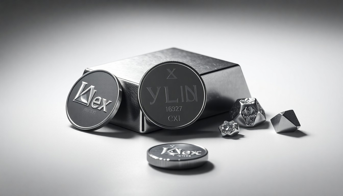 A photorealistic studio still-life featuring a polished platinum ingot, palladium coin, and rhodium nugget arranged elegantly on a clean background, symbolizing the scarcity and value of these rare precious metals recovered through Lifezone's innovative recycling technology.