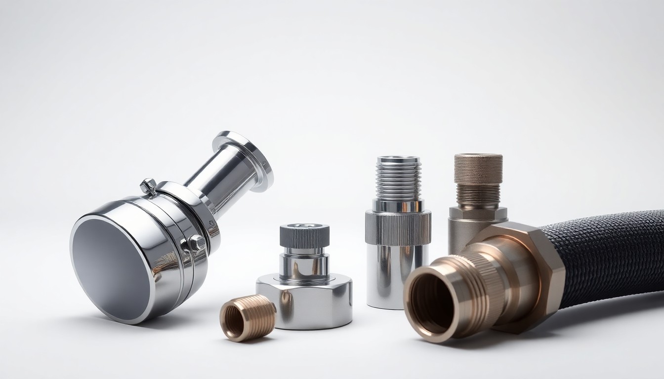 A photorealistic studio still life featuring a polished chrome hydrovac nozzle and hose fittings, conceptually representing the precision and power of this specialized excavation technology.