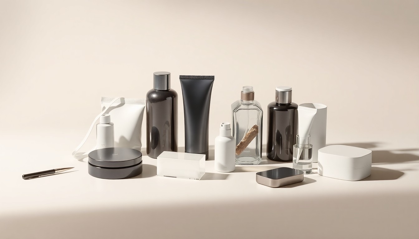 A high-end, photorealistic studio still-life photograph featuring a collection of premium, polished consumer product objects arranged elegantly on a clean, monochromatic seamless background, conceptually representing Reckitt's data-driven innovation process.