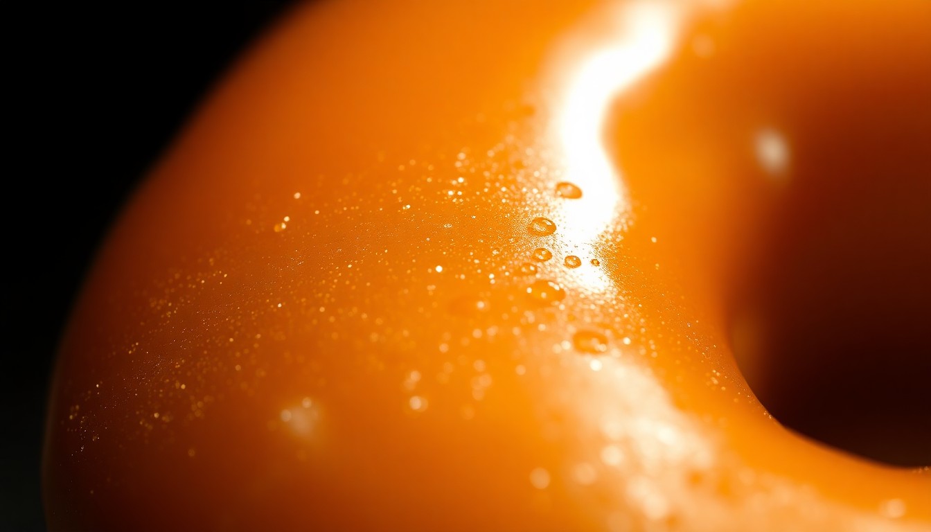 An extreme close-up photograph of a glossy, golden-brown Krispy Kreme donut coated in a shimmering, reflective sugar glaze, capturing the decadent texture and material in a high-contrast, high-fashion style.