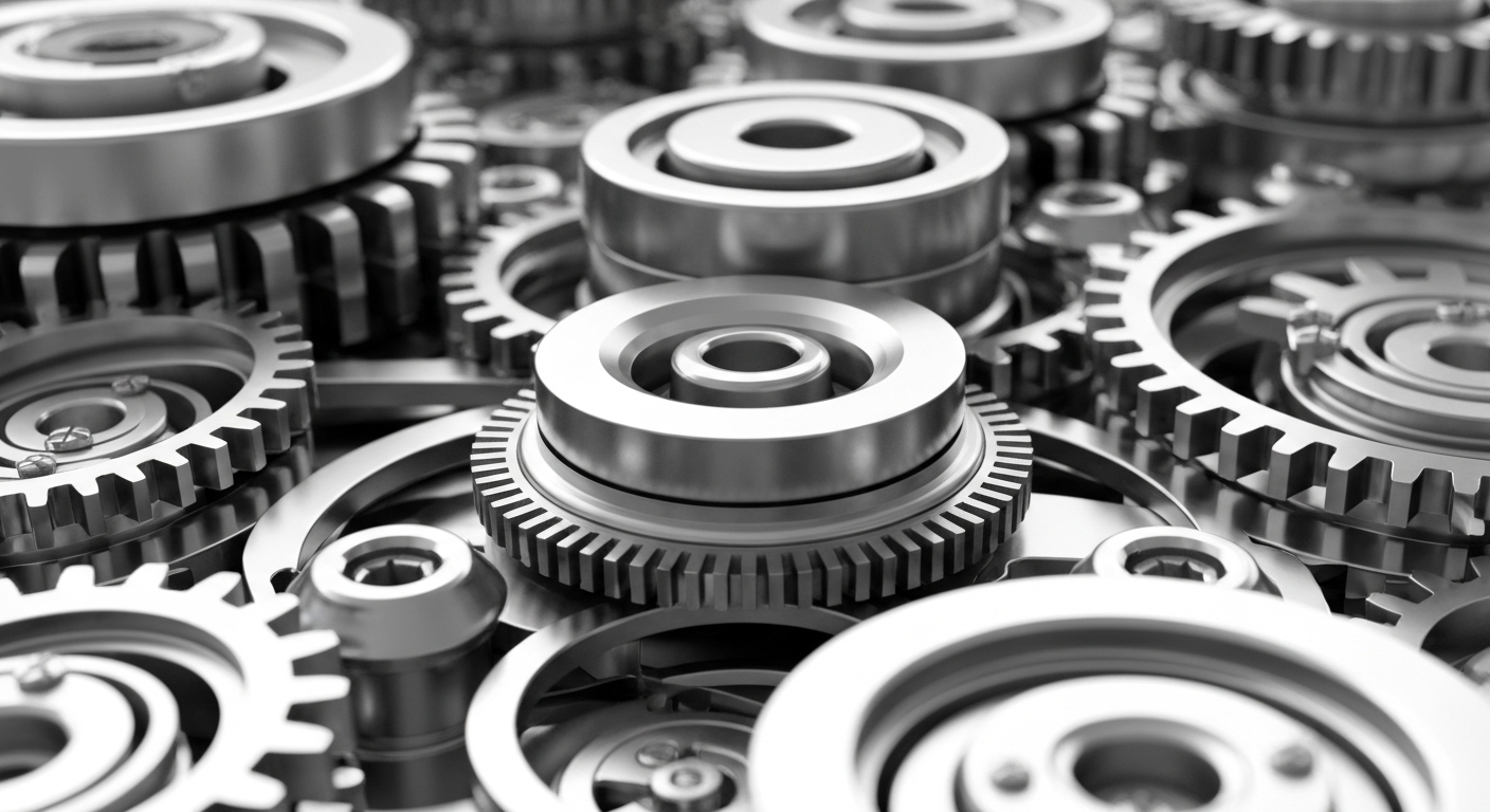 A close-up image of shiny, industrial-looking metal gears and mechanisms, conveying the technological sophistication and precision of an electronic trading platform.