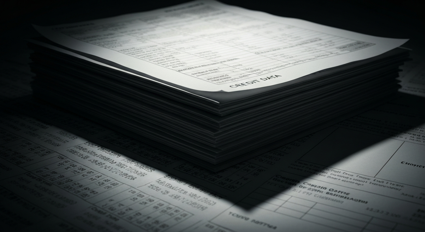An extreme close-up of heavily textured financial documents and ledgers, conveying the weight and importance of credit data for financial institutions.