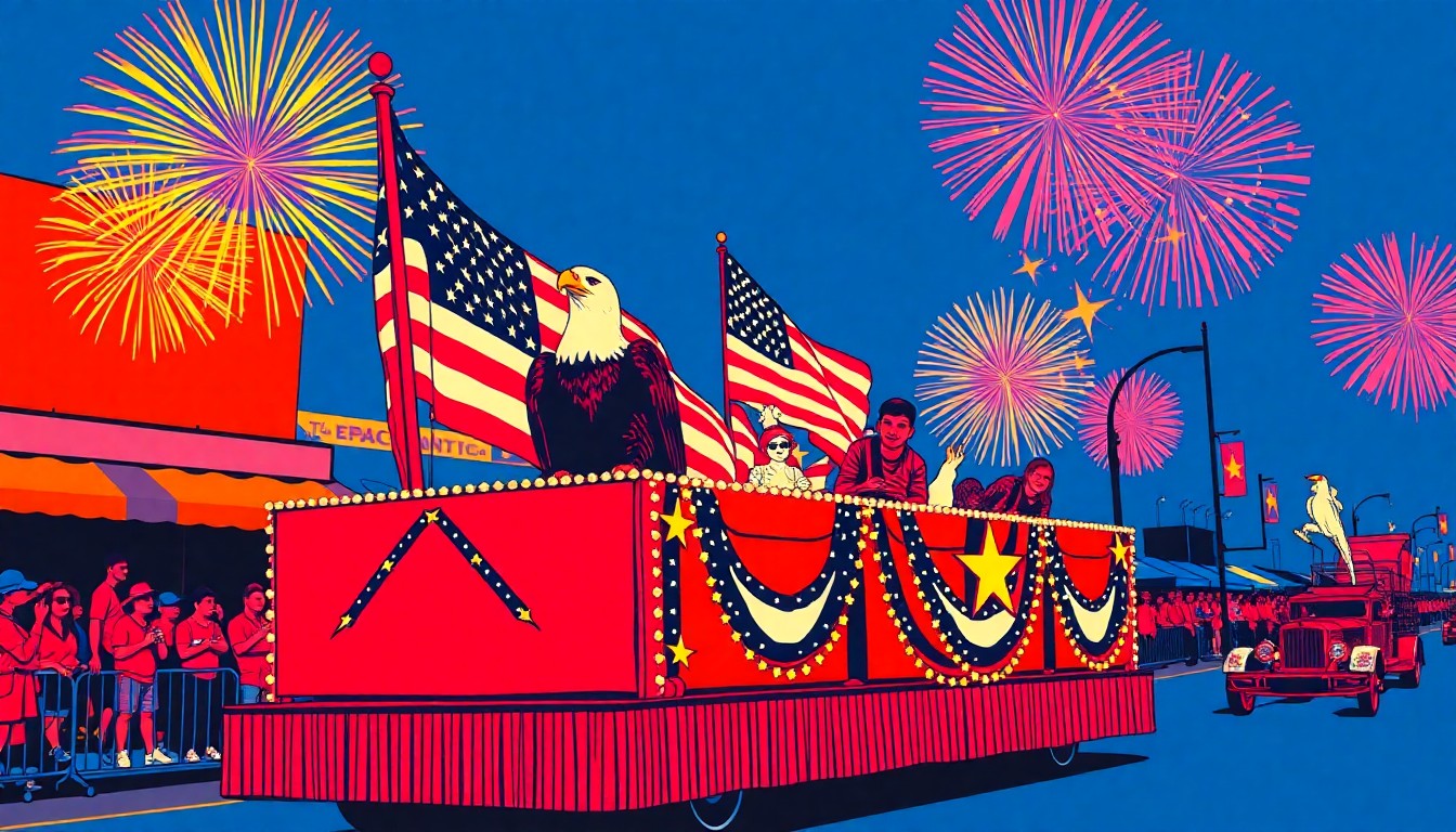 A colorful, abstract silkscreen print featuring a stylized parade float with an American flag, bald eagle, and fireworks, conveying the celebratory spirit of Longview's Dalton Days and America 250 events.