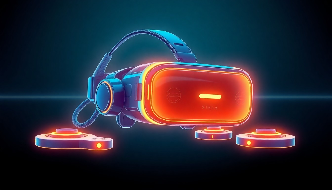 A highly detailed, glowing 3D illustration of a modular XR headset and tracking sensors, representing the advanced technology powering location-based virtual and augmented reality experiences.
