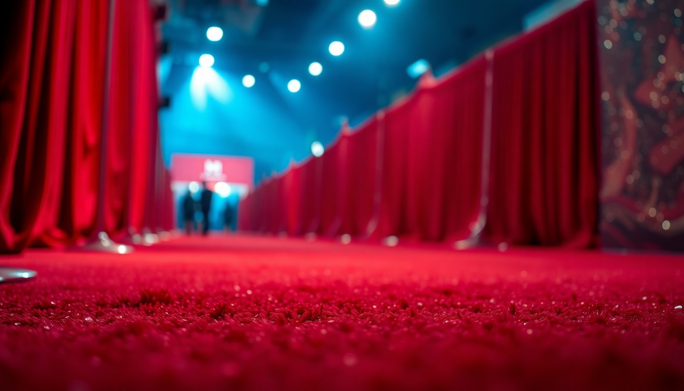 An extreme close-up photograph showcasing the rich, textured fabrics and dramatic lighting of a movie premiere red carpet, conveying the glamour and energy of the event.