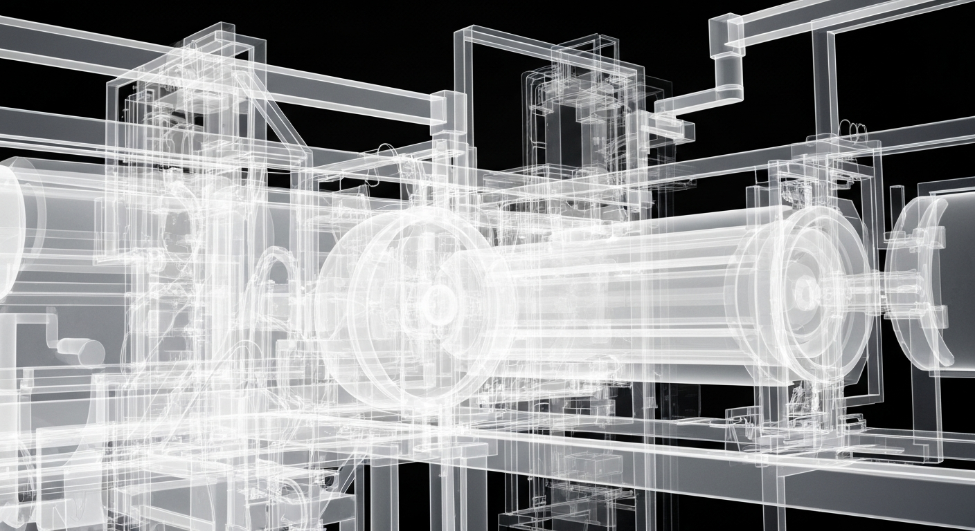 A translucent, ghostly X-ray photograph revealing the internal structures and machinery of medical isotope production equipment, conceptually illustrating the complex systems that enable the creation of these life-saving treatments.