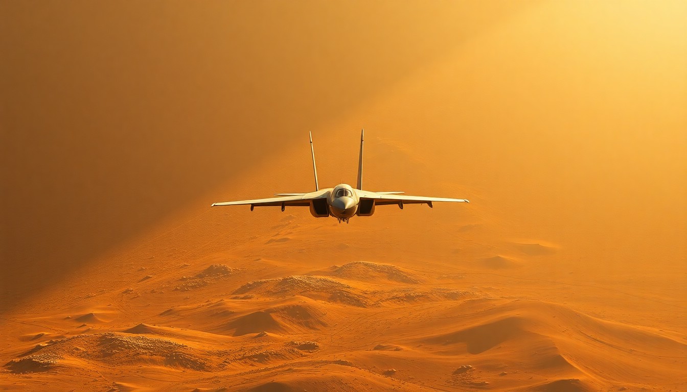 A cinematic painting of a lone military jet flying low over a shadowy, desert landscape, the plane's silhouette bathed in warm, diagonal sunlight and deep shadows, conceptually representing the high-stakes rescue mission in Iran.