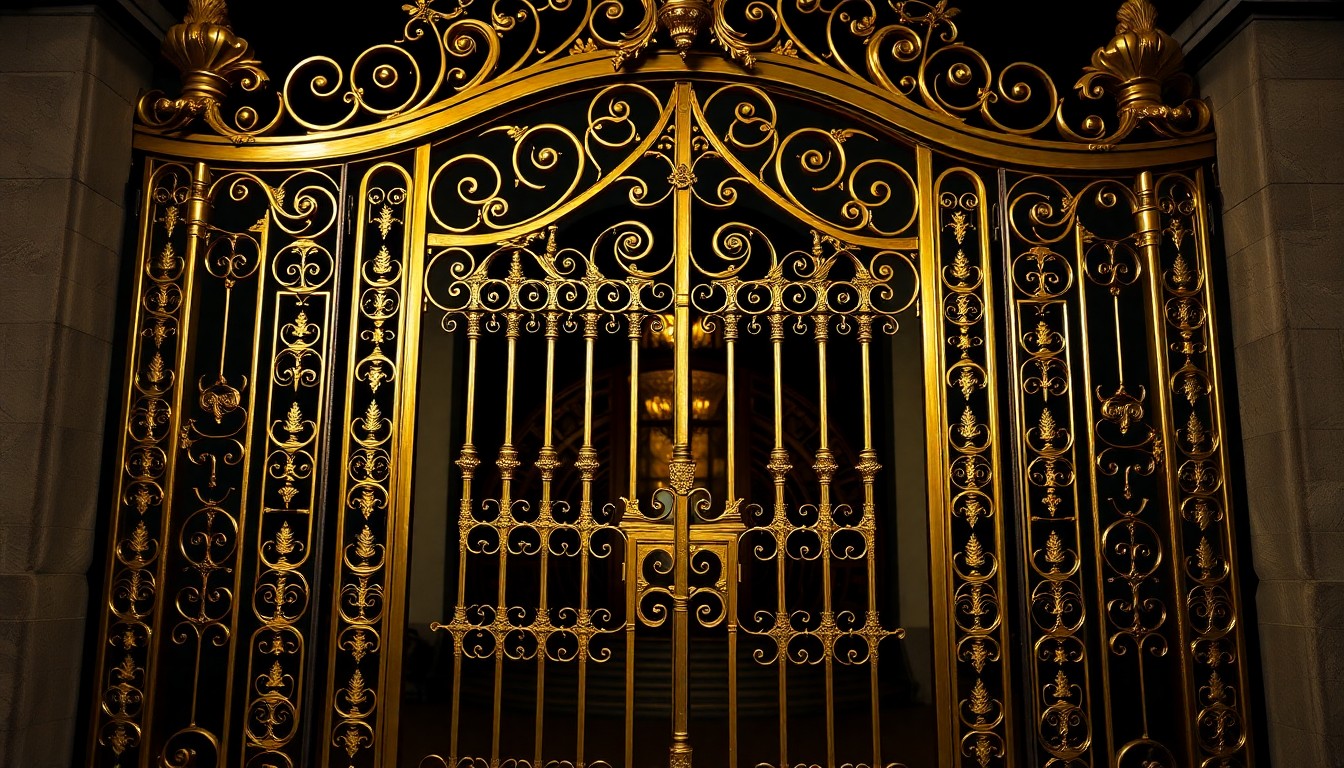 An extreme close-up photograph of ornate, gilded wrought-iron gate, capturing the luxurious and glamorous aesthetic of the Osbourne estate property.