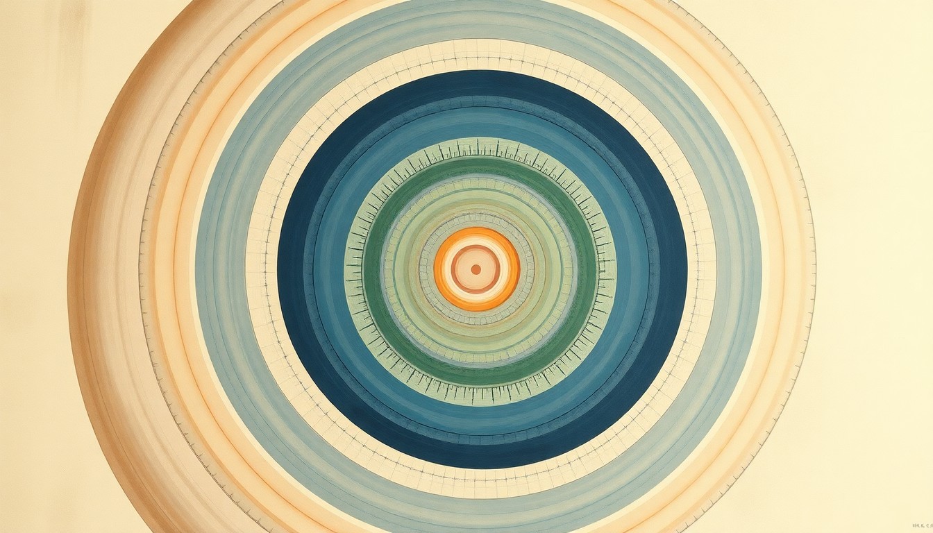 A highly structured abstract painting in soft colors, featuring sweeping geometric arcs, concentric circles, and precise botanical spirals, conceptually representing the complex ecosystem of open access publishing.