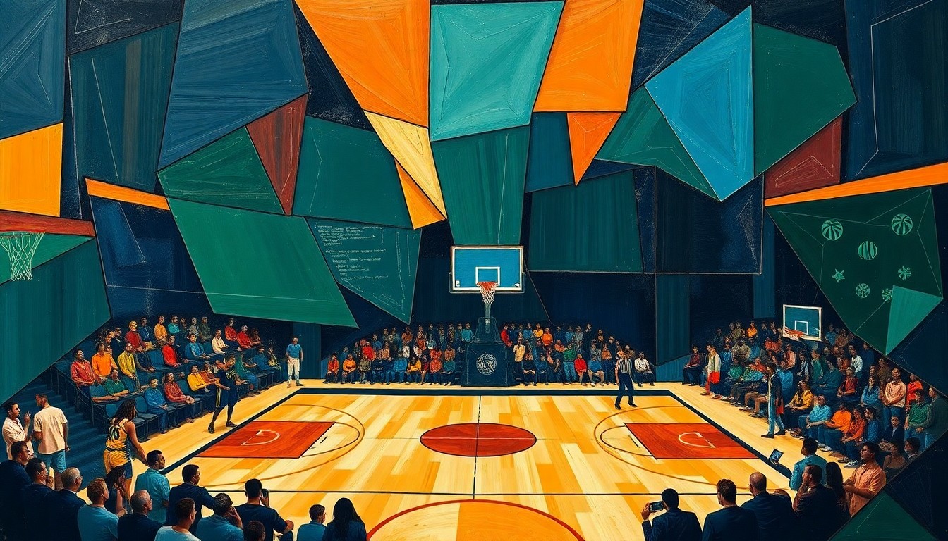 A fragmented, geometric painting depicting a basketball game broken down into sharp, overlapping planes of color, conceptually representing the data-driven strategies that defined Hinkie's tenure with the Sixers.
