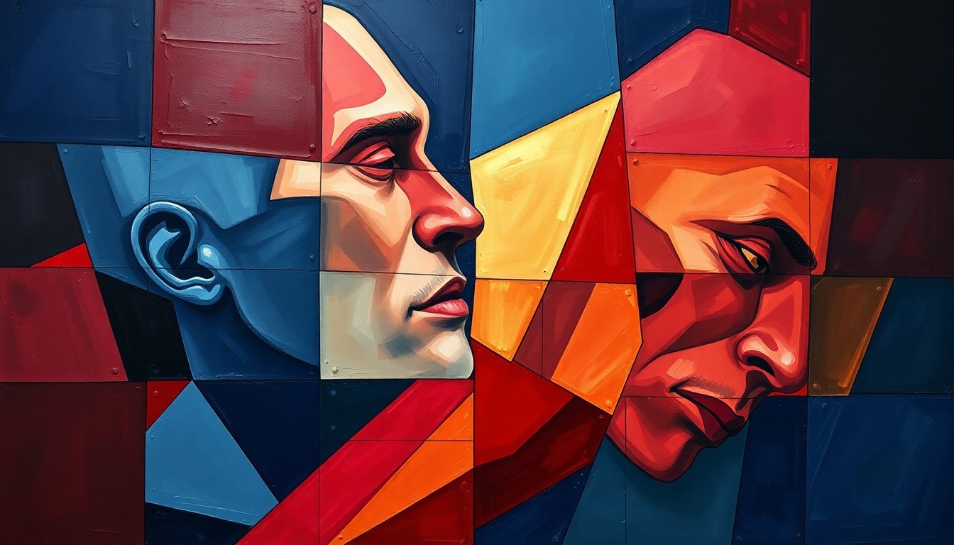 A fractured, multi-perspective painting in the cubist style, breaking down a soccer player's injury into sharp, overlapping geometric planes in navy, crimson, and gold, conveying the emotional impact on the team and fans.