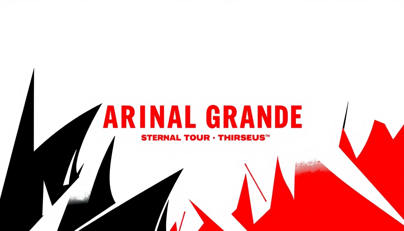 An abstract, minimalist illustration featuring bold, jagged shapes in black, white, and red, capturing the energy and anticipation of Ariana Grande's upcoming Eternal Sunshine tour.