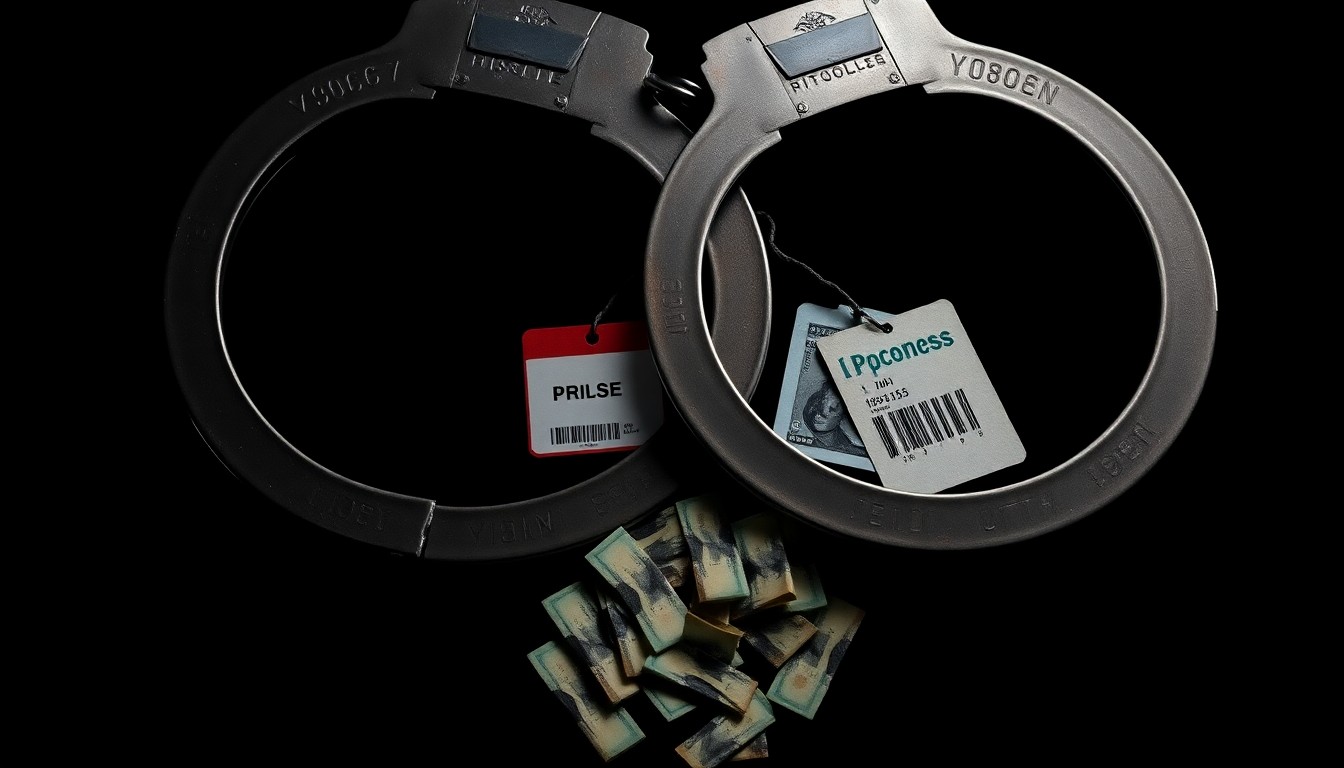 An extreme close-up photograph of a set of handcuffs, a prison ID badge, and a small pile of cash against a stark, black background, conceptually representing the corruption and abuse of power at the heart of this crime story.