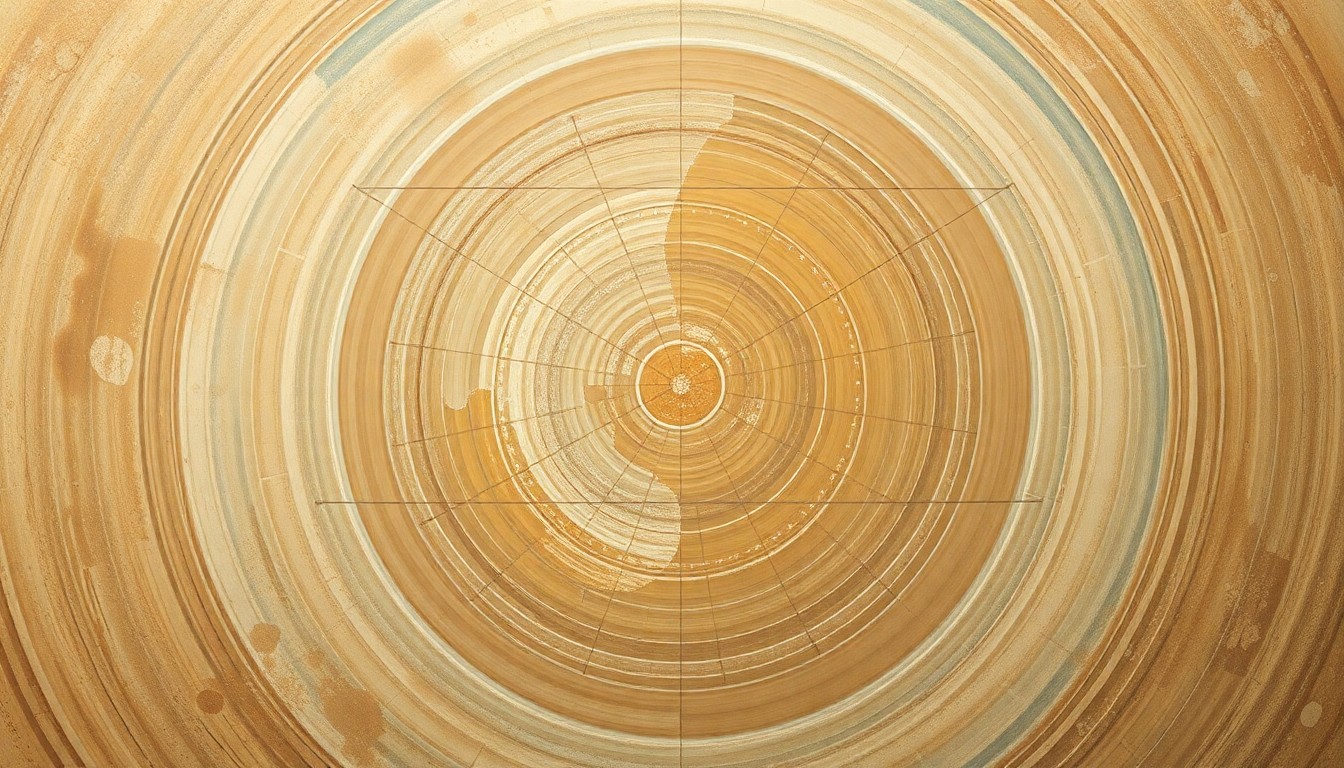 A bold, abstract painting in the style of Hilma af Klint, featuring sweeping geometric arcs, concentric circles, and precise spirals in earthy tones of brown, ochre, and sage green, conceptually representing the structural order and geological features of the lunar surface.