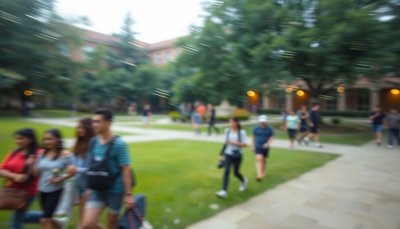 An abstract, impressionistic scene of students walking on a university campus, with blurred figures and lush greenery visible through a hazy, out-of-focus lens.