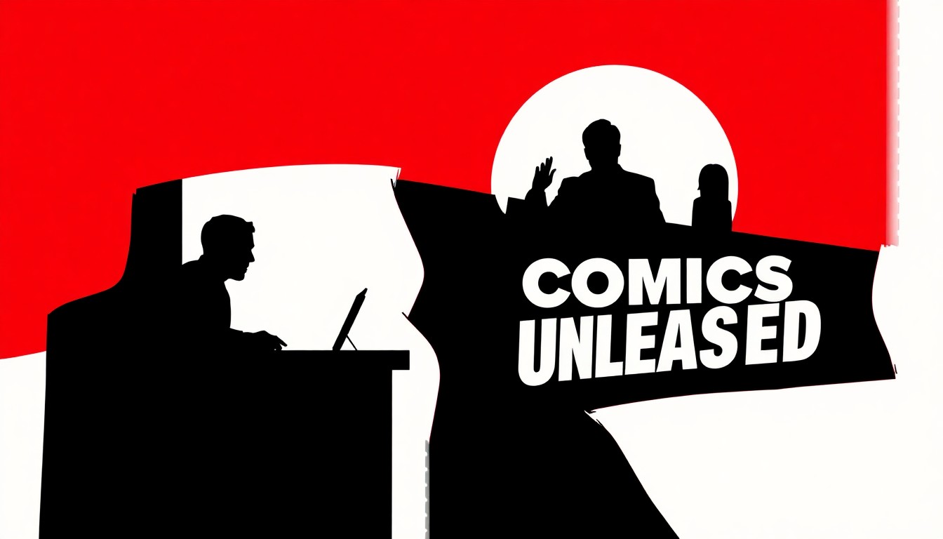 A minimalist, abstract illustration featuring bold, jagged shapes and high-contrast colors, representing the shift from Stephen Colbert's late-night show to Byron Allen's new comedy series on CBS.