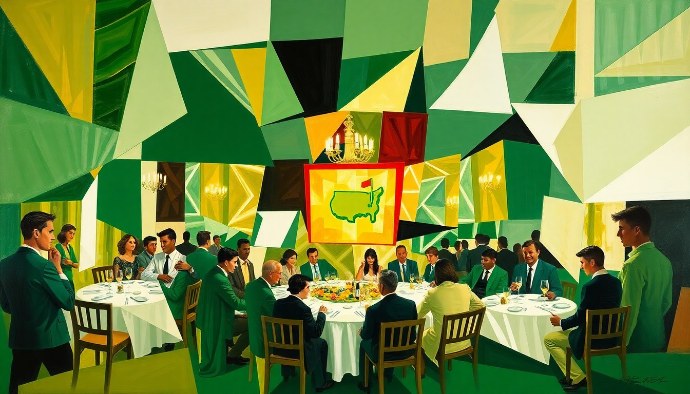 A cubist, geometric painting depicting a Masters Champions Dinner scene, with overlapping planes of green, white, and gold hues representing the prestigious tournament.