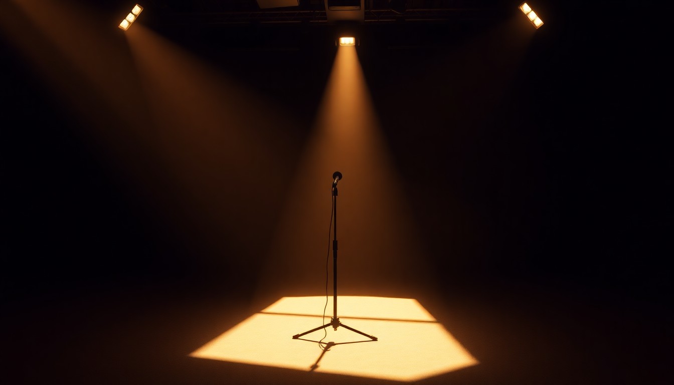A solitary microphone stand in a dimly lit television studio, the warm sunlight casting deep shadows and creating a sense of quiet contemplation around the object.