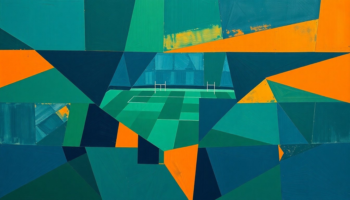 A cubist, geometric painting depicting a fragmented football field with overlapping planes of navy, green, and orange, conceptually representing the difficulty of evaluating and developing 'tweener NFL prospects.