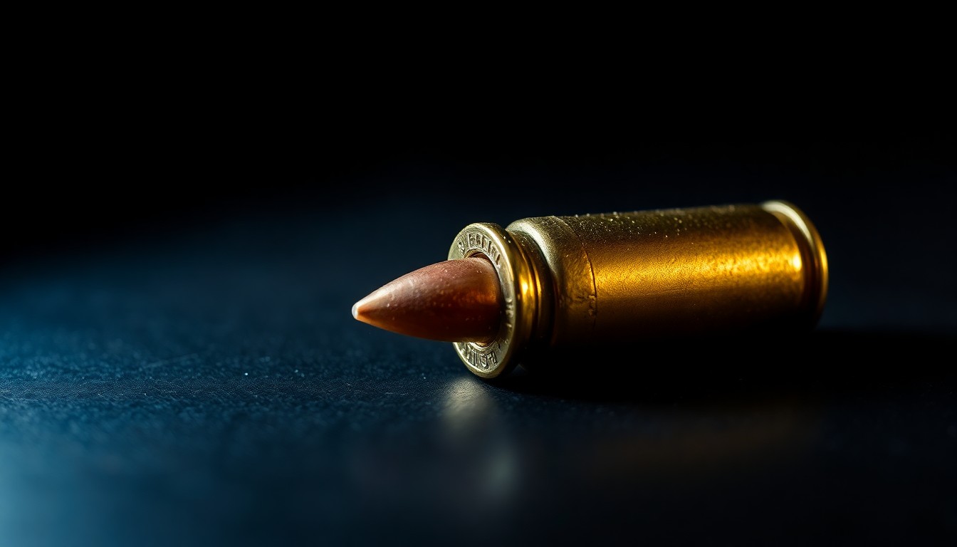 An extreme close-up of a shiny brass bullet casing resting on a dark, textured surface, dramatically lit by a direct camera flash to create a gritty, investigative aesthetic.