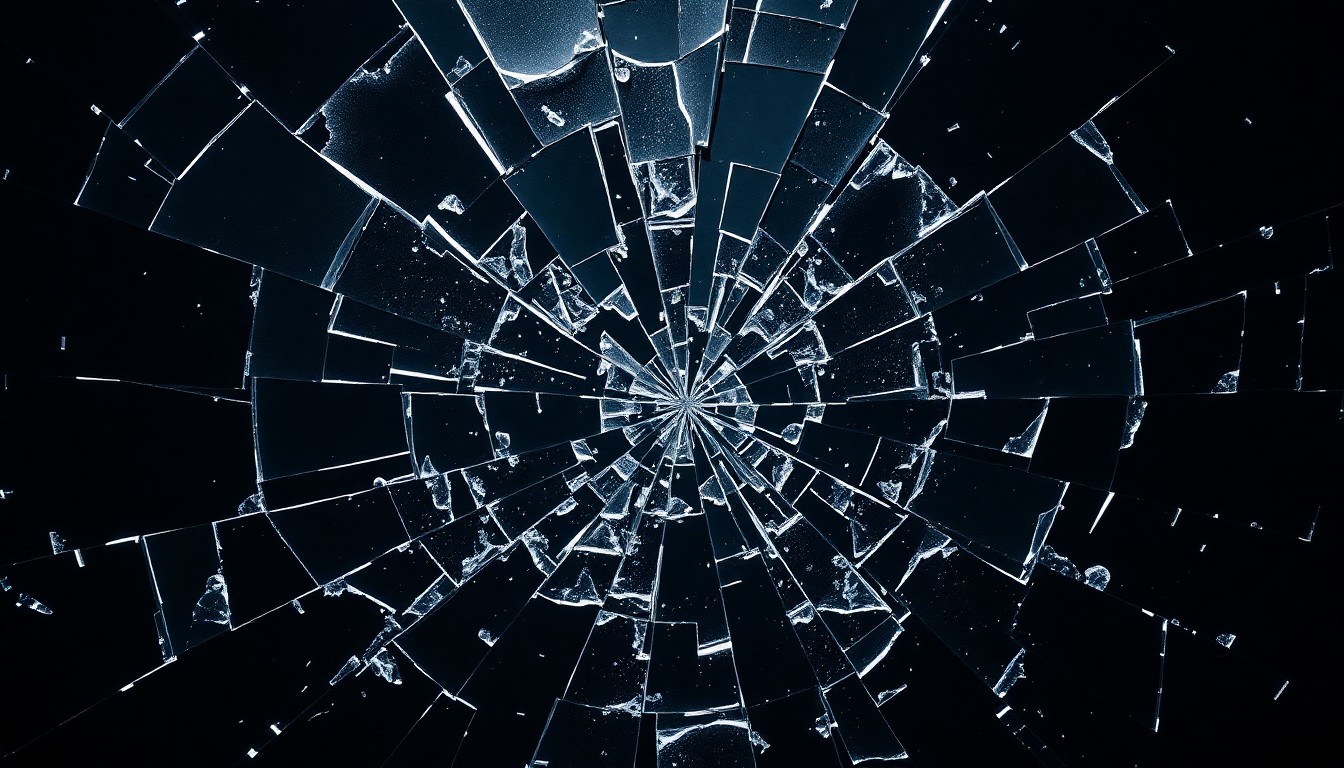 An extreme close-up of shattered glass and cracked mirror textures in dramatic high-contrast studio lighting, conceptually representing the fragility and damage of a public figure's personal life.