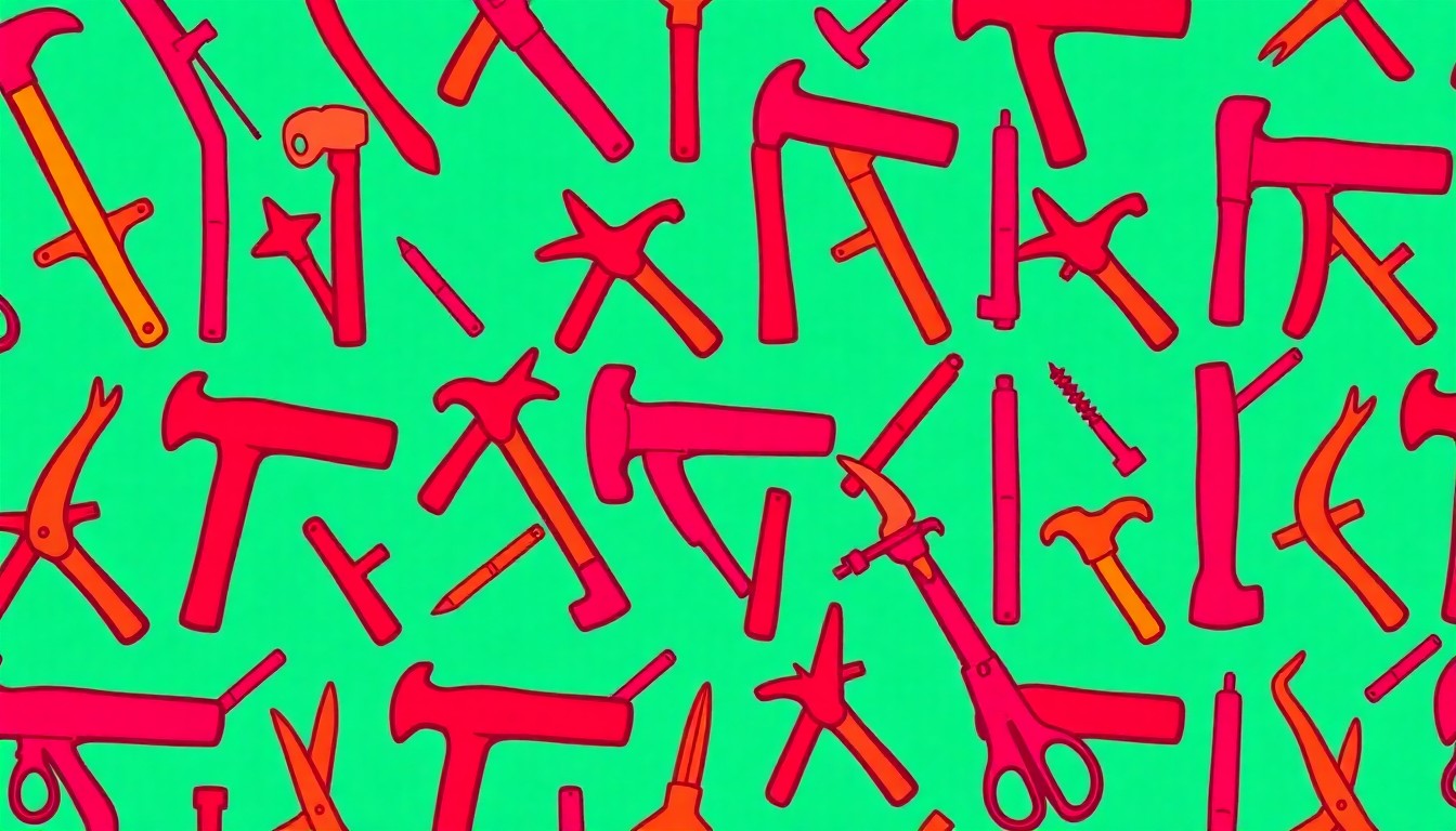 A vibrant, high-contrast silkscreen print featuring a repeated image of a hammer in a grid pattern, using a bold, neon color palette to transform the everyday craft tool into a modern pop art piece.